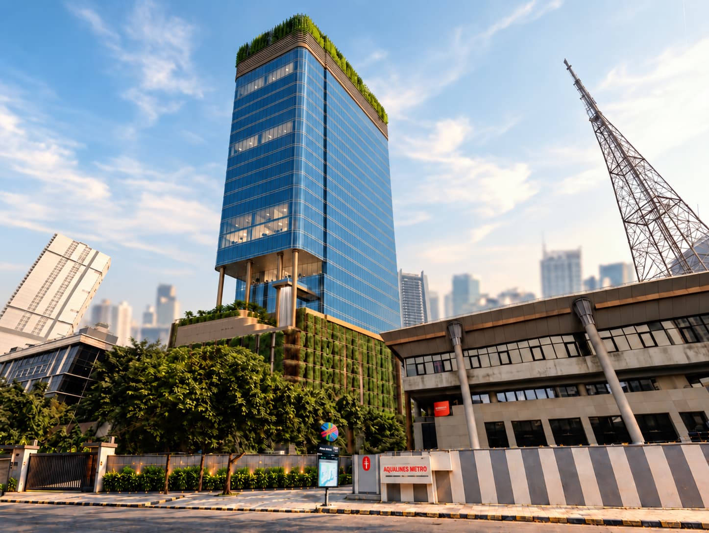 The tower on its corner site, seen across Dr. Annie Besant Road.